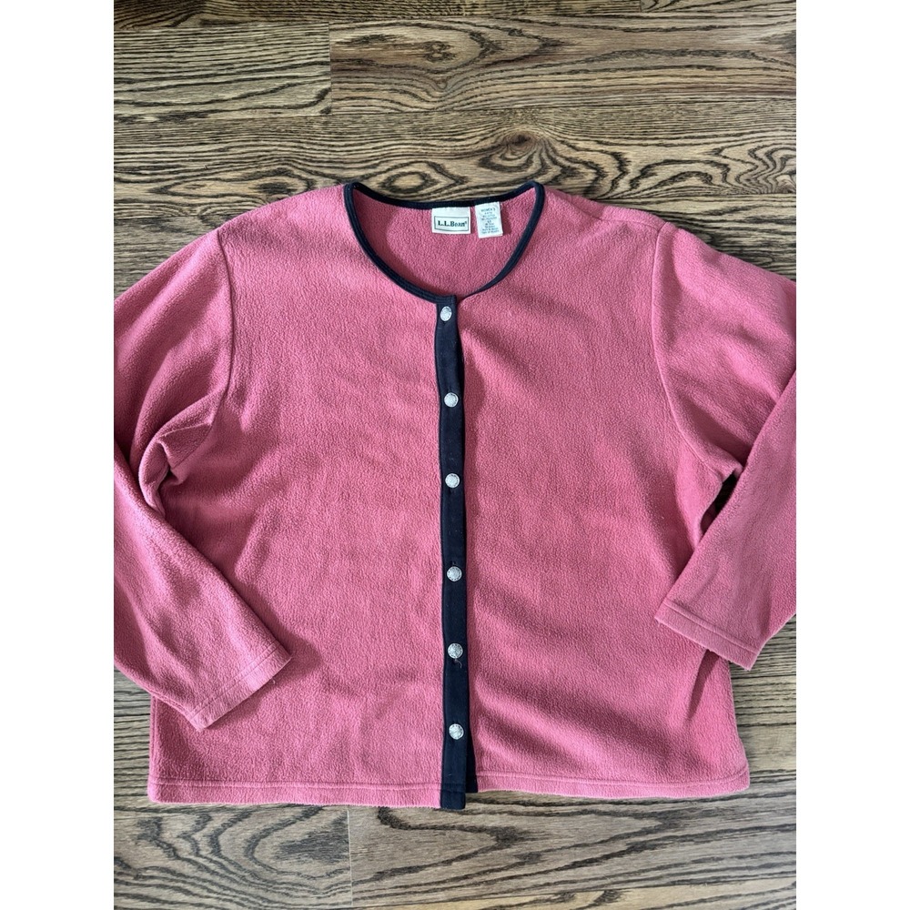 Vintage L.L.Bean Large Pink Fleece Cardigan Snap Front Black Trim Silver Buttons